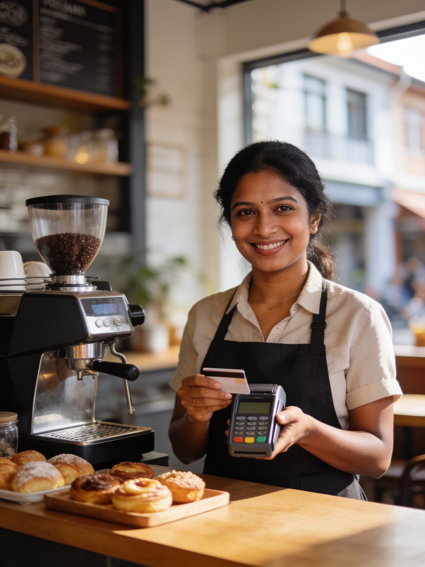 Small café owner at her counter
